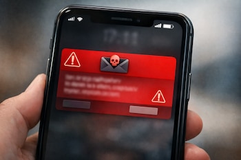 Una mano sostiene un teléfono celular que muestra en su pantalla una notificación de alerta de color rojo con dos símbolos de exclamación y un sobre con una calavera.