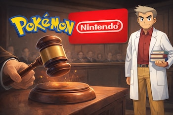 Se observa un martillo de juez a punto de golpear una base de madera, los logos de Pokémon y Nintendo flotando, y el Profesor Pokémon parado a la derecha con libros.