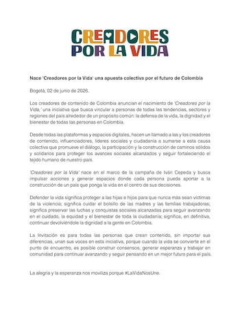 La iniciativa denominada 'Creadores por la Vida' reúne a influenciadores, comunicadores y líderes de opinión que buscan movilizar apoyos para Iván Cepeda de izquierda de cara a la segunda vuelta presidencial - crédito @smilelalis/X