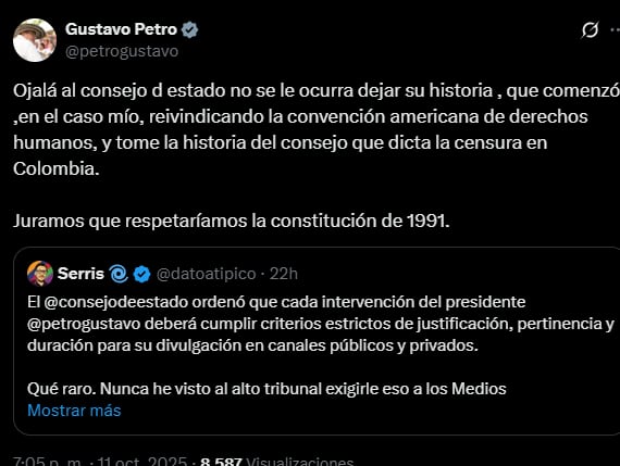 El jefe de Estado sostuvo que el rol del alto tribunal es proteger la Constitución Política de 1991, no vulnerarla - crédito @petrogustavo/X
