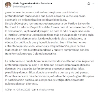 La senadora del Pacto Histórico cuestionó la propuesta de una 'semana anticomunista' en los colegios de Colombia - crédito X