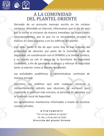 Documento oficial en español del CCH Oriente con encabezado azul y texto negro, informando sobre la activación de protocolos de seguridad