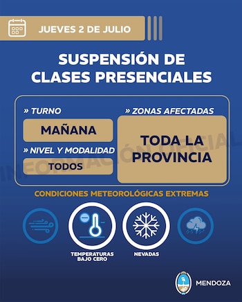 Infografía azul con texto blanco y ocre sobre suspensión de clases presenciales el jueves 2 de julio en Mendoza por temperaturas bajo cero y nevadas