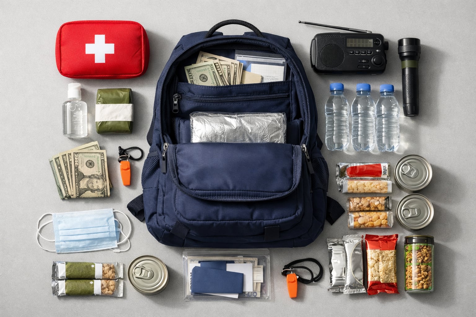 Una mochila azul abierta exhibe su contenido de supervivencia y preparación para situaciones de emergencia, incluyendo agua, alimentos, botiquín y documentos importantes. (Imagen Ilustrativa Infobae)