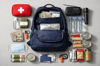 Mochila azul abierta con botiquín, radio, linterna, botellas de agua, barras energéticas, comida enlatada, dinero, mascarillas, alcohol en gel, silbato y documentos.