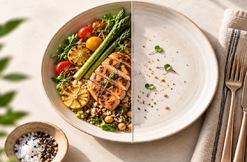 Plato de comida servida. La mitad de plato con alimentos y la otra, vacía