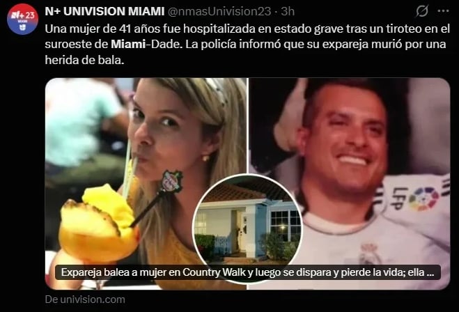 Iván Granado murió tras presuntamente disparar contra su expareja Dayanis Lasso en una vivienda del suroeste de Miami-Dade./ (Captura de pantalla Univisión)