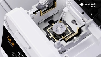 Primer plano de un dispositivo tecnológico blanco y gris con un chip de circuito dorado y tubos transparentes. Una pantalla lateral muestra '36.8 Temperature C'