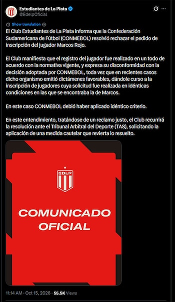 Publicación de red social con texto oficial de Estudiantes de La Plata y una imagen roja con el escudo del club y la frase Comunicado Oficial