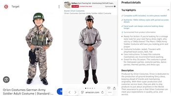 Captura de pantalla de un sitio web de ventas con un niño y un adulto vistiendo disfraces de uniformes militares junto a un texto explicativo