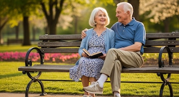 Una pareja de ancianos con cabello blanco sentada en un banco de madera en un parque soleado. La mujer sostiene un libro mientras el hombre la mira.