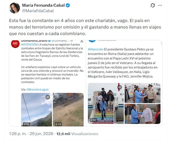 María Fernanda Cabal aseguró que el Gobierno debería concentrar sus esfuerzos en atender la situación de orden público que afecta a varias regiones del país - crédito @MariaFdaCabal/X