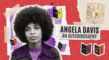 Collage con retrato de Angela Davis, fondo rojo con el logo FILUNI, texto "Angela Davis An Autobiography", escudo de la UNAM y símbolos de libros.