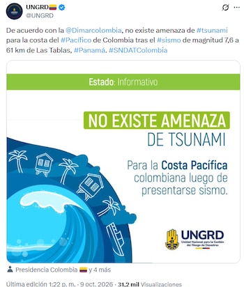 La entidad señaló que no hay riesgos en la Costa Pacifica tras el sismo - crédito @UNGRD/X