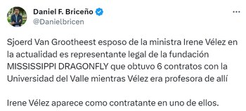 Daniel Briceño denunció que la fundación MISSISSIPPI DRAGONFLY, cuyo representante legal es Sjoerd Van Grootheest, obtuvo 6 contratos con la Universidad del Valle mientras Irene Vélez era profesora allí. Foto: @Danielbricen
