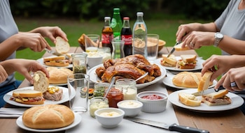 Varias manos preparan sándwiches de pernil asado y pan en una mesa de madera al aire libre, rodeada de salsas caseras, bebidas y un jardín verde desenfocado.