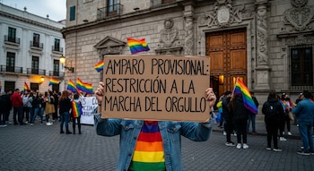 Una persona sujeta un cartel de cartón con el texto "AMPARO PROVISIONAL: RESTRICCIÓN A LA MARCHA DEL ORGULLO" en una manifestación con banderas arcoíris.