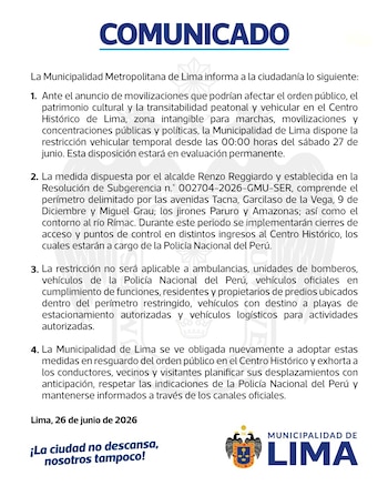 Documento oficial con el título 'Comunicado' y texto detallado sobre restricciones de tránsito en el Centro Histórico de Lima, logo de la Municipalidad de Lima y fecha 26 de junio de 2026