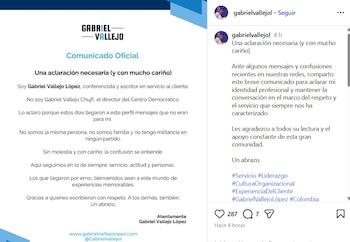 El conferencista se tomó de la mejor forma la confusión y aclaró que no tiene ningún vínculo familiar con Vallejo Chujfi ni milita en el Centro Democrático - crédito @gabrielvallejol/IG