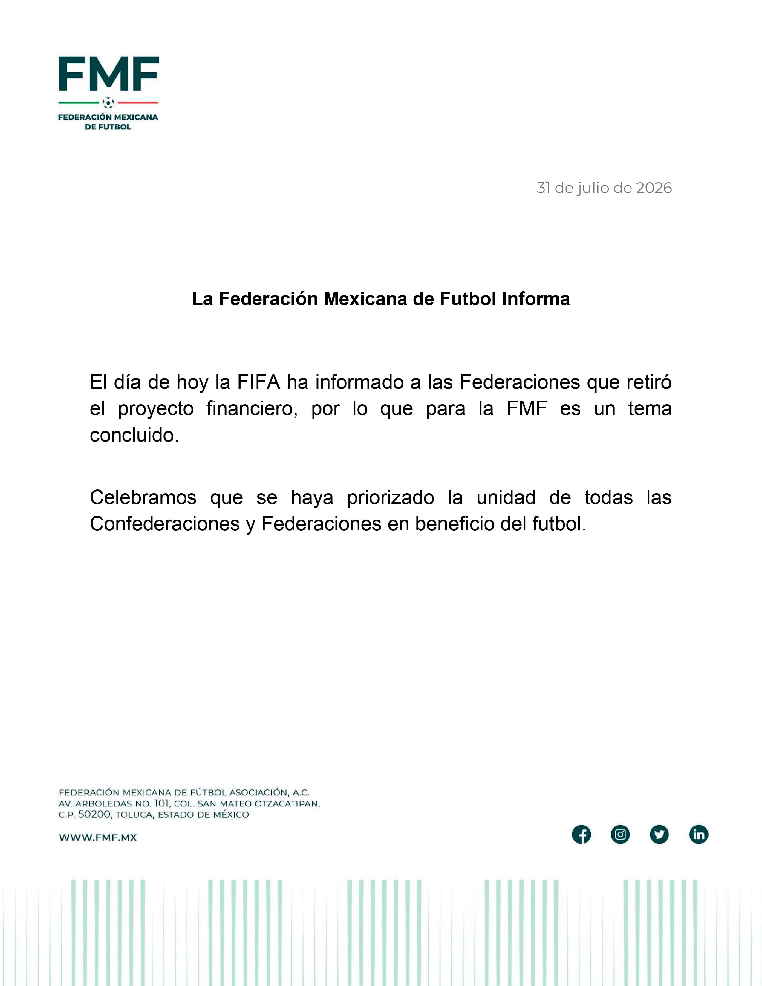 Mediante un comunicado, la FMF se deslindó de responsabilidades previas, anunciando que tras el retiro de FIFA de la iniciativa, al futbol mexicano ya no le compete. (X/ @FMF)