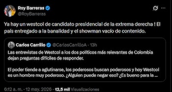 Roy Barreras cuestionó el auge de figuras políticas ligadas al entretenimiento digital y lanzó críticas contra el estilo de campaña de Abelardo de la Espriella - crédito Roy Barreras/X