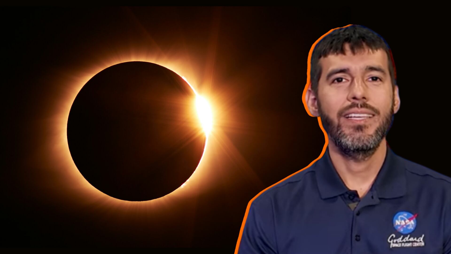 El físico espacial peruano Cristian Ferradas Alva del Centro de Vuelo Espacial Goddard de la NASA aparece en una imagen compuesta con un eclipse solar. (Composición: Infobae Perú)