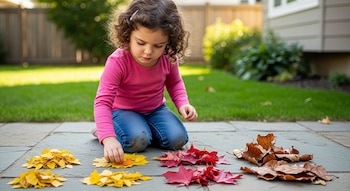 Una niña de 5 años con cabello rizado, vestida de rosa y jeans, arrodillada en un patio de losas, organizando montones de hojas caídas por color: amarillo, rojo y marrón.