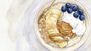 Ilustración en acuarela de un tazón de avena con plátano en rodajas, arándanos azules, crema de cacahuete y granola, junto a una cuchara dorada, sobre fondo claro.