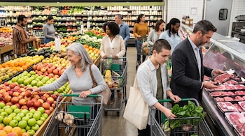Varias personas de diferentes edades y etnias compran en un supermercado. Se ven pasillos con frutas, verduras y una sección de carne.