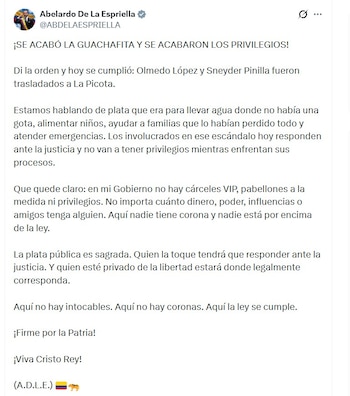 El presidente De la Espriella señaló que quien robe plata pública pagará con cárcel y no tendrá beneficios - crédito @ABDELAESPRIELLA/X