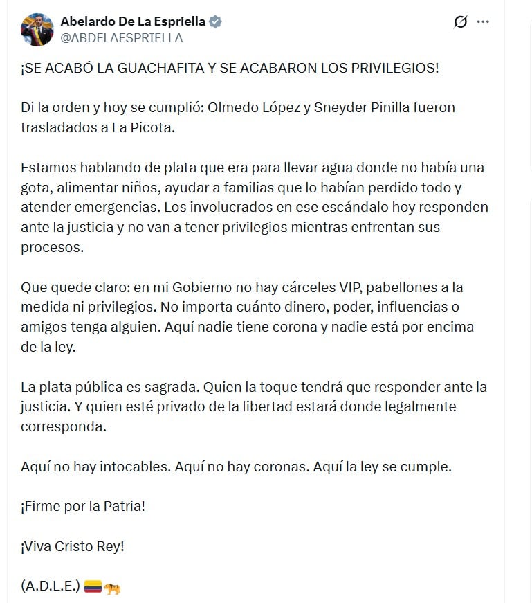El presidente De la Espriella señaló que quien robe plata pública pagará con cárcel y no tendrá beneficios - crédito @ABDELAESPRIELLA/X