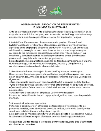 Un documento digital con texto sobre falsificación de fertilizantes e insumos, incluye los logotipos de Gremiagro y Agrequima