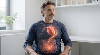 Hombre de mediana edad sentado con una representación digital brillante de su corazón y sistema digestivo superpuesta sobre su torso.