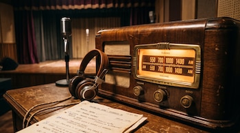 Radio de madera con dial encendido, auriculares, libreto impreso sobre una mesa de madera y un micrófono vintage frente a un escenario.