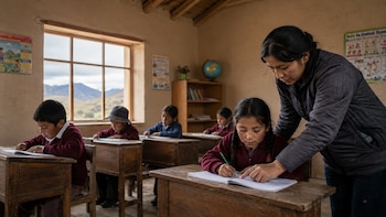 Una maestra asiste a una alumna en un aula de paredes claras con pupitres de madera. Otros tres niños escriben. Hay una ventana, pósteres, un globo y libros