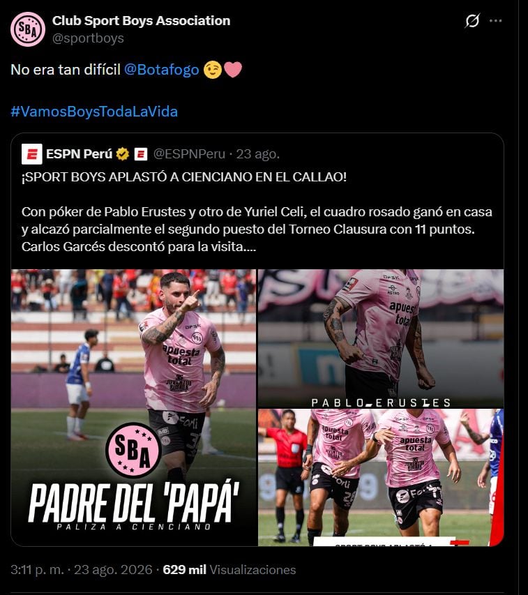Sport Boys aprovechó su goleada sobre Cienciano para enviarle un mensaje a Botafogo en redes sociales. “No era tan difícil”, escribieron los rosados, en alusión a la eliminación del club brasileño. (Sport Boys)