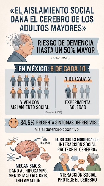 Infografía con textos, datos estadísticos, ilustraciones de cerebros y dibujos de adultos mayores conversando.