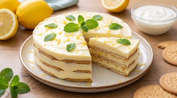 Postre carlota de limón con galletas en capas, una porción cortada, limones enteros y partidos, un cuenco con yogur y galletas.