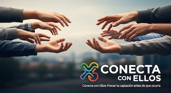 Manos de personas se extienden hacia el centro con líneas blancas que las conectan. Al fondo, paisaje urbano difuso. Logo colorido y texto "Conecta con Ellos".