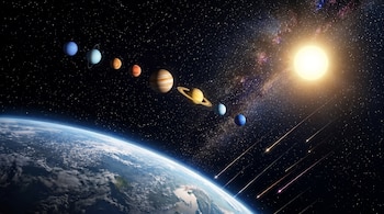 La Tierra en primer plano. Una fila de ocho planetas, el Sol, estrellas y múltiples trazas de luz en el espacio oscuro.