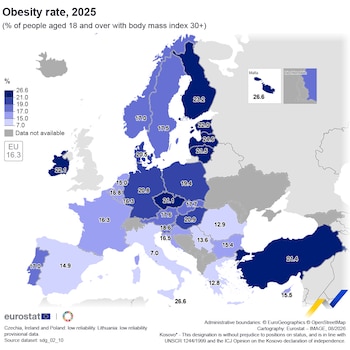 Mapa que muestra la prevalencia de la obesidad en la Unión Europea.
