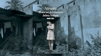 Portada del libro 'Norteña: Memorias del comienzo' de Julieta Venegas. Una mujer abraza un animal en un patio rústico, con fondo extendido y difuminado en tonos azules.