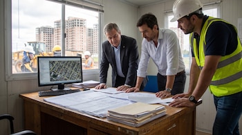 Tres hombres en una oficina; uno lleva casco de seguridad. Sobre un escritorio hay planos, un monitor con un mapa y documentos. Edificios en construcción visibles por la ventana