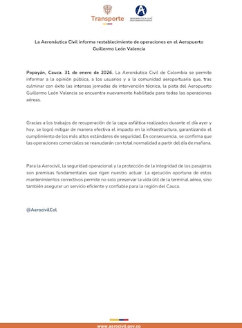 La Aeronáutica Civil confirmó la