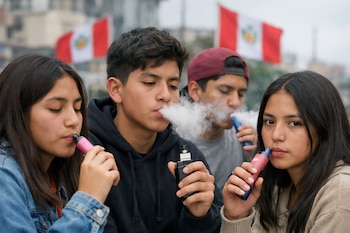 En primer plano, dos adolescentes, un chico y una chica, usan vapers. Detrás, otros dos chicos también vapean. Al fondo se ven dos banderas de Perú.