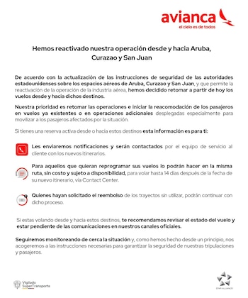 Avianca reinicia operaciones en rutas