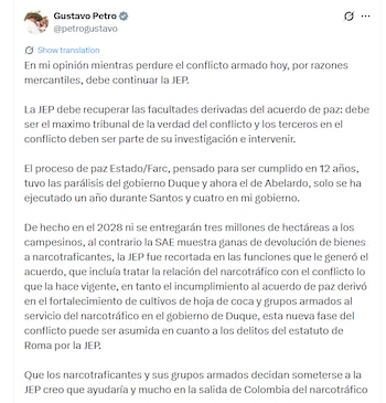 Petro se pronunció sobre el papel de la JEP - crédito @petrogustavo/X