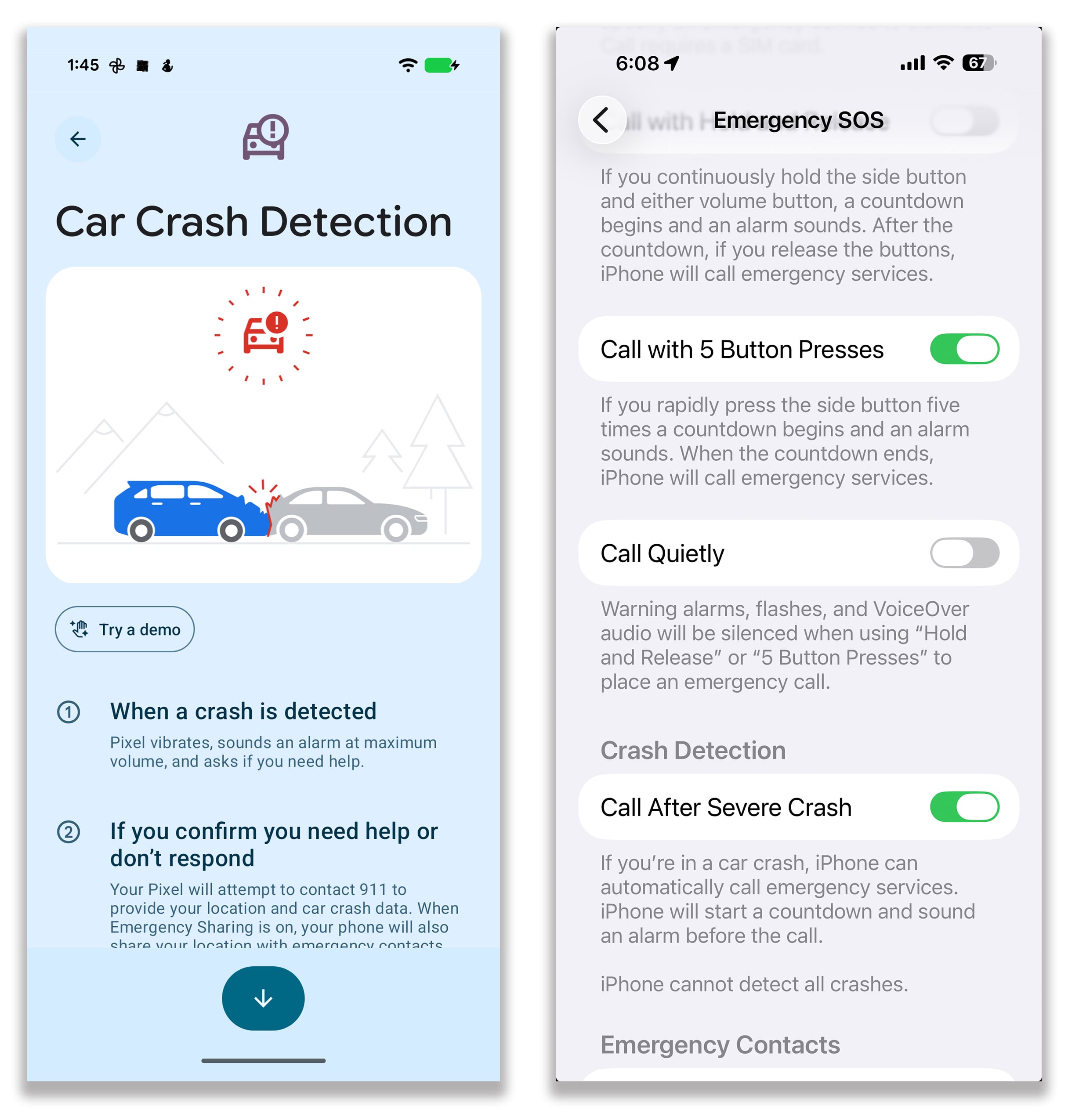 A photo provided by Apple and Google shows Google's Pixel phone, left, and Apple's iPhone which can use their sensors to detect a serious automobile crash and even automatically contact emergency services if you cannot. (Apple, Google via The New York Times) — NO SALES; FOR EDITORIAL USE ONLY WITH NYT STORY SLUGGED TECH TIP BY J. D. BIERSDORFER FOR SEPT. 2, 2026. ALL OTHER USE PROHIBITED. —