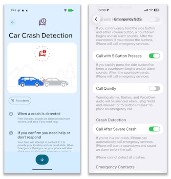 A photo provided by Apple and Google shows Google's Pixel phone, left, and Apple's iPhone which can use their sensors to detect a serious automobile crash and even automatically contact emergency services if you cannot. (Apple, Google via The New York Times) — NO SALES; FOR EDITORIAL USE ONLY WITH NYT STORY SLUGGED TECH TIP BY J. D. BIERSDORFER FOR SEPT. 2, 2026. ALL OTHER USE PROHIBITED. —