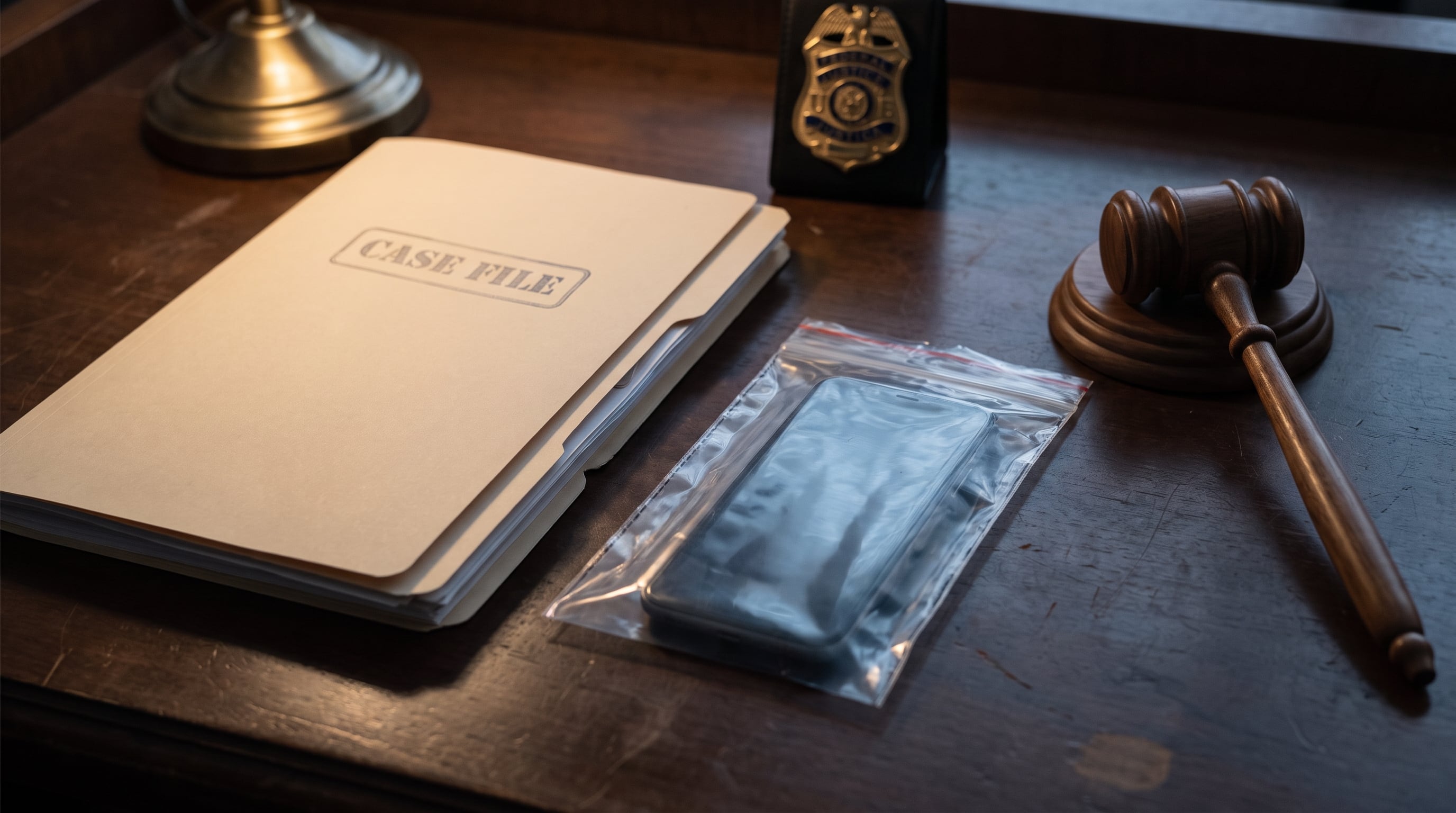 Un expediente penal junto a un teléfono celular en bolsa de evidencia y un mazo de madera integran las pruebas sobre un escritorio judicial en Estados Unidos. (Imagen Ilustrativa Infobae)